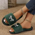 Pantofole pelose verdi da donna con fiocco di perle e strass di alta qualità - 36-37 / fiocco con perline / Verde