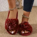 Eleganti pantofole in peluche bordeaux con decorazione floreale scintillante e suola - 36-37 / Floreale / Borgogna