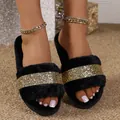 Pantofole pelose nere da donna con cinturino glitter dorato e pelliccia sintetica - 36-37 / Fibbia Dorata a Lettera D Intrecciata (N24-41) / Nero