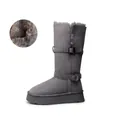 Women's tall platform snow boots in grey with warm faux fur lining and buckles - 34 / Knee High / Gray