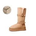 Stylish tan platform tall snow boots for women featuring warm faux fur lining and buckles - 34 / Knee High / Chestnut