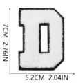 Close-up detail of white chenille letter D embroidery patch with dimensions 7cm x 5.2cm - Letter D (X13M-07-D) / White