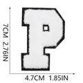 White chenille letter P iron-on patch with detailed dimensions showing 7cm height - Letter P (YN225) / White