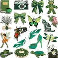 Collection of green themed embroidery patches with floral and butterfly designs - Multi-Element Set (S10MG-166-YT) / 19 Pieces/Pack