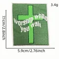 Green embroidered cross patch with Worship While You Wait text for clothing repair - Style 6 (Cartoon English Patch 6#)