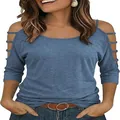 Front view of a blue grey cold shoulder t-shirt with stylish strap details and half sleeves - S / Tops / Blue