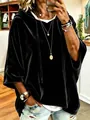 Detail view of a black velvet 3/4 sleeve hooded sweatshirt for women - S / Tops / Black