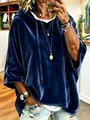 Close-up of luxury navy blue velvet hoodie with 3/4 sleeves and drawstring detail - S / Tops / Blue