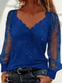 Elegant blue V-neck top featuring scalloped neckline and sheer glitter mesh sleeves - S / Tops / Blue