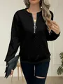 Elegant black quilted texture women's pullover sweatshirt with half-zip and ring puller - 3XL / Tops / Black