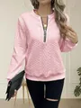 Women's light pink textured pullover sweatshirt with quarter zipper and ribbed cuffs - 3XL / Tops / Pink