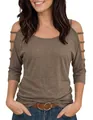 Detail of women's brown cold shoulder T-shirt with stylish strap design on sleeves - S / Tops / Khaki