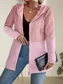 Close-up of stylish pink hooded jacket featuring cable knit texture and full zip closure - L / Tops / Pink
