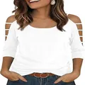 Close-up of white round neck t-shirt featuring stylish ladder cutout cold-shoulder sleeves. - White