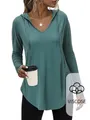 Elegante groenblauwe dames T-shirt met capuchon en V-hals van viscose, casual stijl - Legergroen