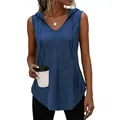 Eleganz Ärmelloses blaues Kapuzenshirt mit V-Ausschnitt und geschwungenem Saum für Damen - S / Oberteile / Marineblau