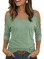 Front view of sage green t-shirt with off-shoulder cutouts and multi-strap sleeves - S / Tops / Army Green