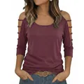 Detail view of a maroon cold-shoulder T-shirt featuring decorative strappy sleeve accents - S / Tops / Burgundy