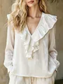 Elegant cream velvet V-neck blouse with feminine ruffles and long sleeves for women - S / Tops / White