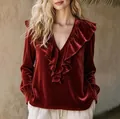 Elegant burgundy velvet V-neck blouse with ruffled collar and gathered long sleeves for women - S / Tops / Burgundy