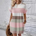 Casual crew neck striped t-shirt dress with pockets in pink and sage green stripes - S / Dresses / Pink