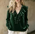 Elegant dark green velvet blouse featuring a ruffled V-neck and long sleeves for women - S / Tops / Green