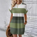 Casual green and white striped milk silk round neck mini T-shirt dress for summer - S / Dresses / Green