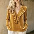 Elegant mustard gold velvet V-neck blouse with ruffle details and long sleeves for women - S / Tops / Gold