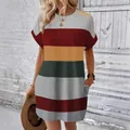 Summer casual multi-color striped milk silk t-shirt dress with round neck and side pockets - S / Dresses / Tan