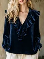 Elegant dark blue velvet V-neck blouse with ruffle details and long lantern sleeves - Navy Blue