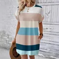 Casual striped crew neck short sleeve milk silk dress in blue and beige tones - S / Dresses / Sky Blue