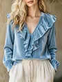 Elegant light blue velvet V-neck blouse with ruffles for women, autumn style. - Sky Blue