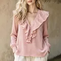 Elegant pink velvet blouse with V-neck and ruffled detailing for autumn - Pink