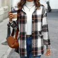 Stylish women's autumn/winter red and white plaid button-down shacket with pockets - S / Black Orange