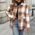 Stylish brown and white plaid button-down shacket for women - S / Light Coffee