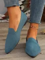 Detailed view of pointed-toe fly-knit flat shoes for women in a blue breathable mesh. - 36 / Teal