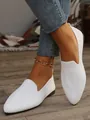 Detailed look of breathable white pointed-toe fly-knit flat shoes with a gold anklet - 36 / White