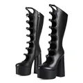 Black gothic punk knee-high platform boots featuring multiple buckles and chunky heels - 36 / Black