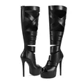 Sexy black cutout platform high heel boots with peep-toe and knee-high cage design - 36 / Black