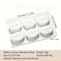 Gedetailleerde weergave van een 6-vaks koffieboon siliconen mousse cakevorm met maten. - 6 Holtes Koffieboon / Wit