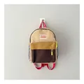 Close-up detail of a trendy color-blocked children's backpack with red straps for kids. - One Size / Khaki