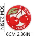 Detail showing a circular cherry embroidered patch with 6cm diameter markings - I Love Cherry Round Style (C26YT-13-01)