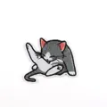 Detail view of a cute cartoon cat embroidered patch with 5x6cm size markers. - Grey and White Cat Licking Paw Style (10#) / 6x5cm