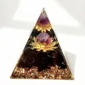 Detail view of 5cm orgone pyramid with amethyst sphere, golden lotus, and black obsidian. - C2 Amethyst + Lotus + Obsidian / 5cm