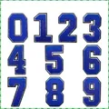 Detail view showing a complete set of 12cm blue chenille embroidered number patches 0 to 9 - Number Set (0-9) / Blue