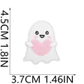 Detailed view of a cute white ghost embroidery patch holding a pink heart design - Small Ghost Hugging Pink Heart (C7BF-068-34)
