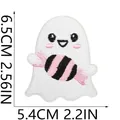 Cute Halloween ghost embroidery patch with candy design and size dimensions shown. - Cute Ghost with Candy (C7BF-095-01)