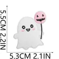 Detailed Halloween ghost embroidered iron-on patch with pink balloon and size markers - Ghost Holding Pink Pumpkin (C7BF-078-17)