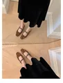 Top view of leopard print Mary Jane flats with heart rhinestone strap on wooden floor - 35 / Leopard Print
