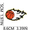 Detailed macro view of basketball fire chenille embroidered patch with exact dimensions - Basketball Flame Pattern (C22LQ-11-05)
